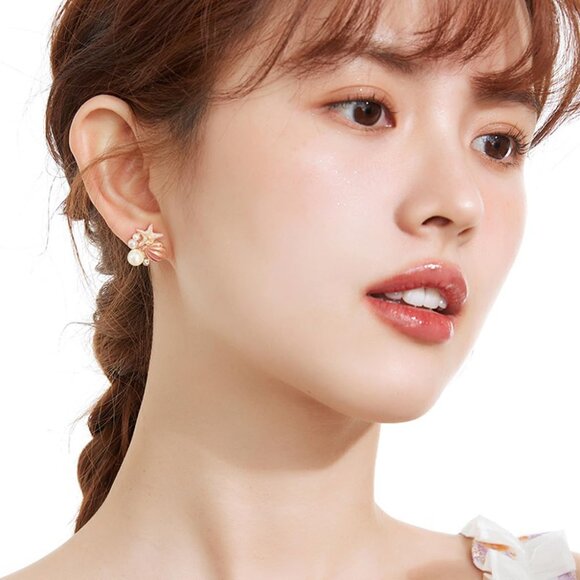 Blue Pearl Starfish Earrings with Rhinestones for Women, Ocean Beach Summer Jewe - Picture 2 of 4